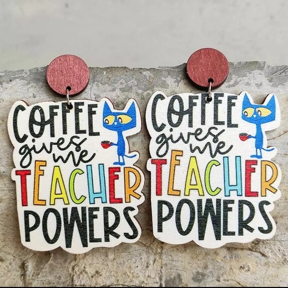 Jewelry - NEW! Coffee Gives Me Teacher Powers Cat Wood Earrings